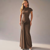 Autumn product temperament slim fit pleated lace up short sleeved dress